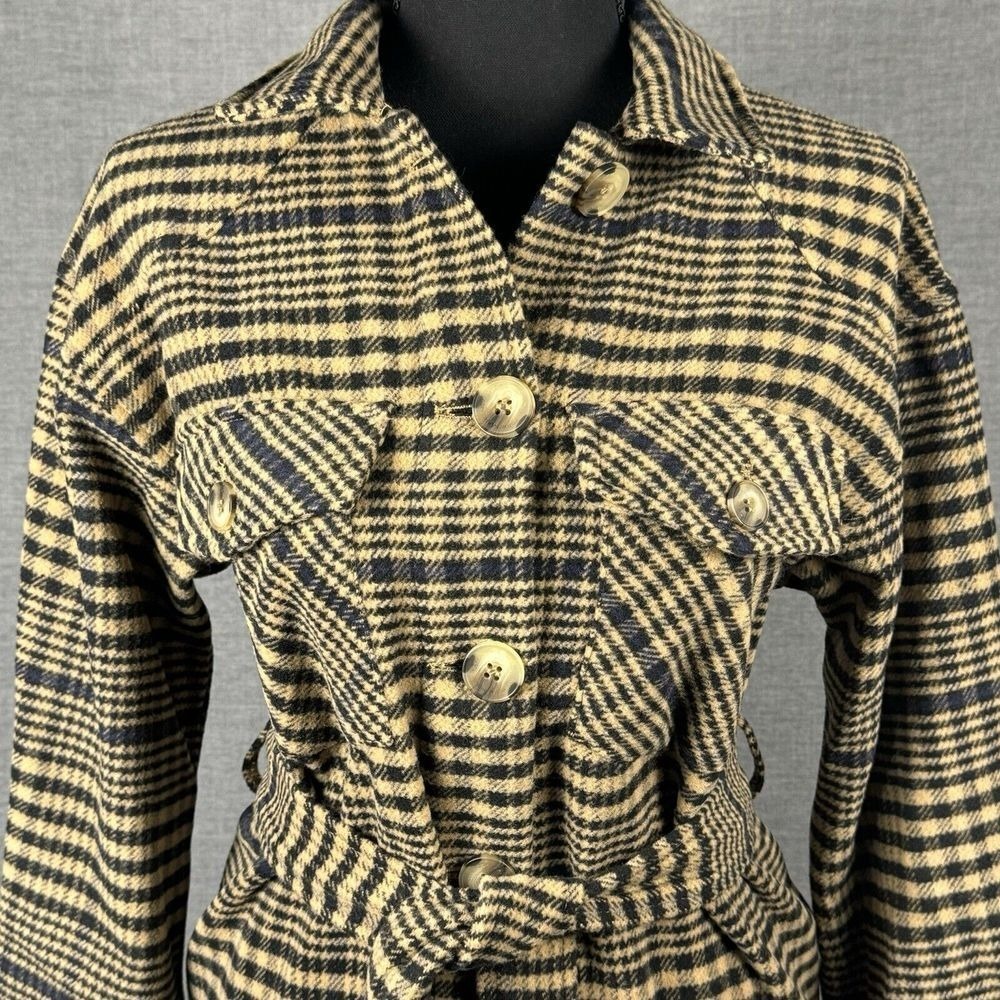 Marc New York Andrew Marc Plaid Belted Jacket Coat Black‎ Cream Womens XS NWT